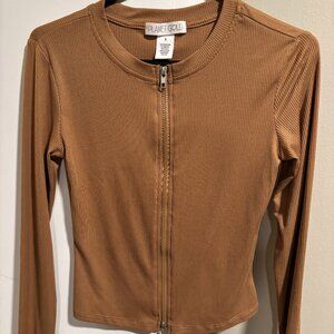 Planet Gold Juniors' Double-Zip Long-Sleeve Ribbed Top brown SZ: S